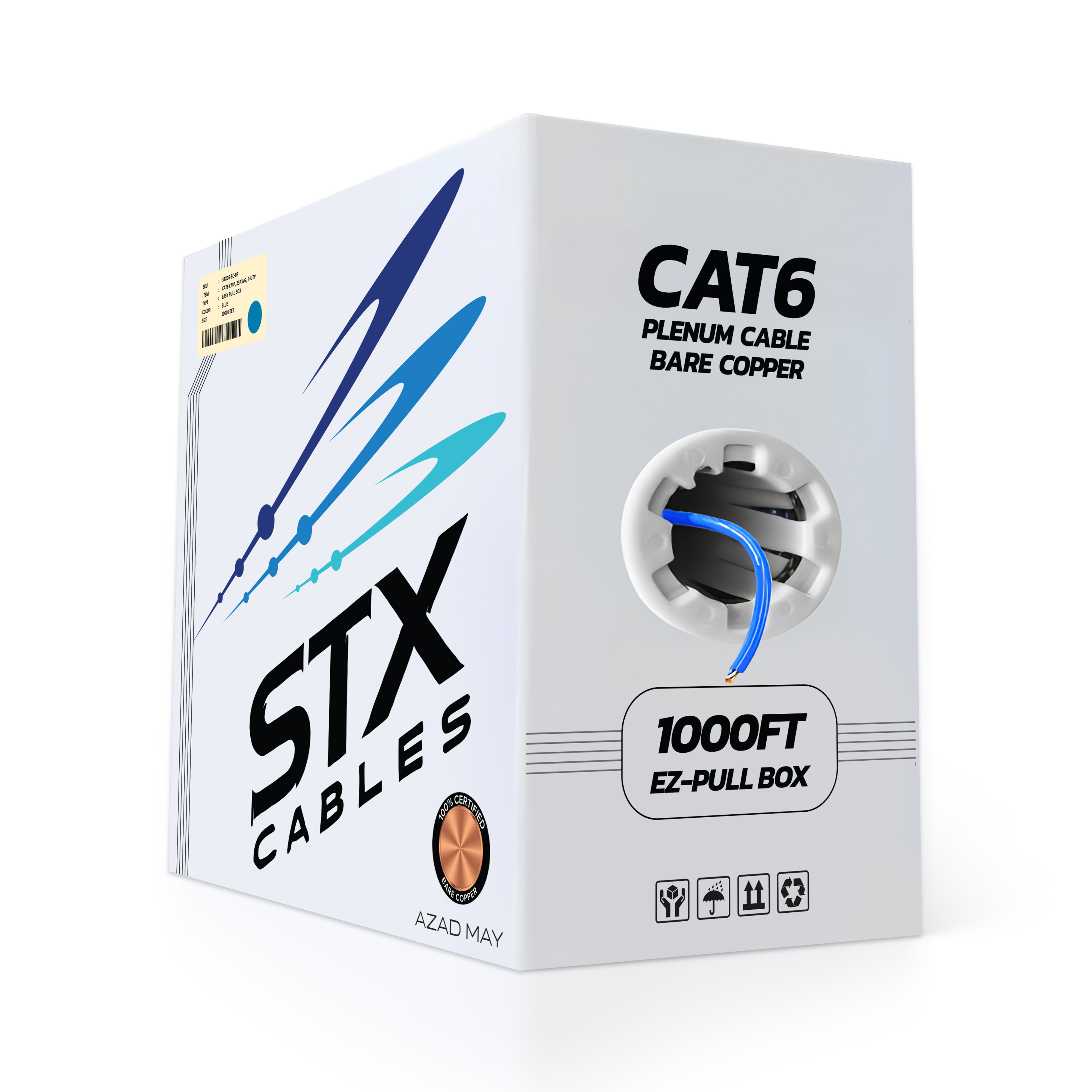 CAT6 CMP Bare Copper Solid Plenum 1000ft 550Mhz 23AWG Network Cable